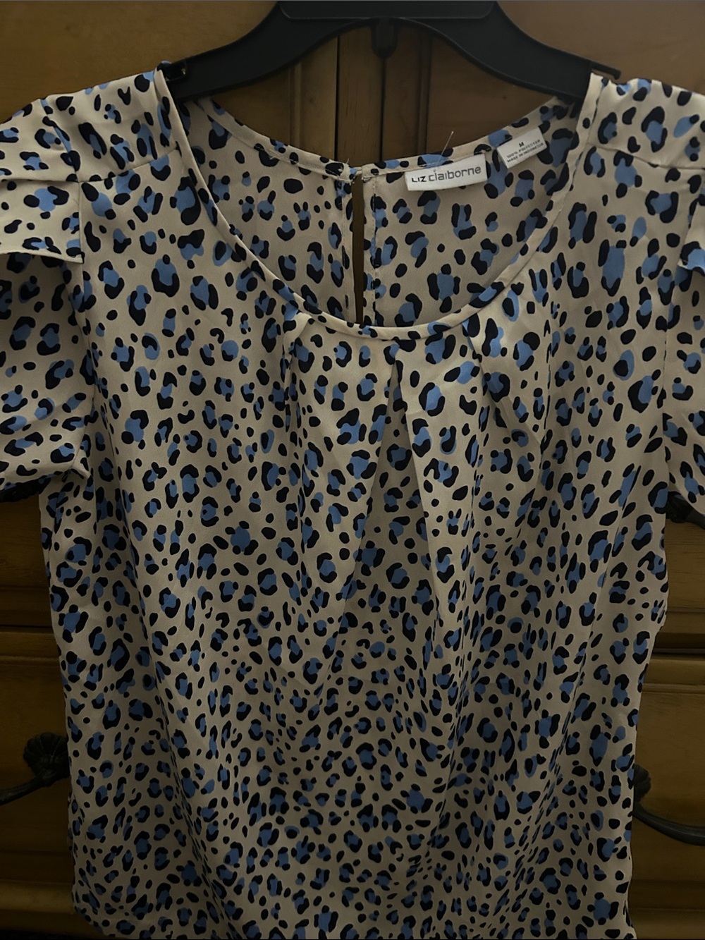 Liz Claiborne Cream Blouse with Blue and Black Spot Print
